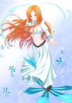  bleach boots breasts brown_footwear cleavage cleavage_cutout detached_sleeves floating_hair flower full_body hair_flower hair_ornament highres inoue_orihime long_hair long_skirt looking_at_viewer medium_breasts midriff navel orange_hair outstretched_arm palms skirt smile solo stomach very_long_hair white_skirt wind 