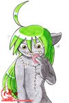  condom_in_mouth condom_wrapper digimon felice-chan fuse_the_wizardmon green_hair hair imminent_sex looking_down navel nude stitches wizardmon 