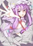  absurdres book breasts cleavage_cutout crescent crescent_hair_ornament from_above hair_ornament hair_ribbon hat highres large_breasts looking_at_viewer looking_up neck_ribbon neropaso open_mouth papers patchouli_knowledge purple_eyes purple_hair ribbon sketch solo touhou tress_ribbon 