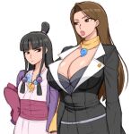  2girls absurdres ace_attorney black_eyes black_hair black_jacket blunt_bangs breast_envy breasts brown_eyes brown_hair cleavage cowboy_shot flat_chest highres huge_breasts jacket japanese_clothes jewelry kimono long_hair looking_at_another looking_at_breasts magatama magatama_necklace maya_fey mia_fey mole mole_under_mouth multiple_girls necklace parted_lips phoenix_wright:_ace_attorney phoenix_wright:_ace_attorney_-_justice_for_all phoenix_wright:_ace_attorney_-_trials_and_tribulations pink_lips scarf simmsy simple_background suit white_background yellow_scarf 