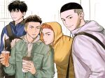  4boys black_bag black_eyes black_hair blue_jacket brown_hair buzz_cut cup green_jacket grey_hoodie hand_on_another&#039;s_shoulder head_on_another&#039;s_shoulder highres holding holding_cup hood hoodie jacket looking_at_another looking_at_viewer male_focus miyagi_ryouta multiple_boys red_hair rukawa_kaede sakuragi_hanamichi sawakita_eiji short_hair simple_background slam_dunk_(series) smile tmhcmi track_jacket undercut upper_body very_short_hair wavy_hair white_background yellow_hoodie 