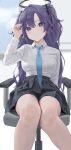  1girl absurdres bare_legs black_skirt blue_archive blue_necktie blurry blurry_background blush breasts feet_out_of_frame halo highres holding holding_hair hoshinopurin indoors looking_at_viewer medium_breasts necktie pleated_skirt purple_eyes purple_hair shirt shirt_tucked_in sitting skirt solo two_side_up white_shirt yuuka_(blue_archive) 