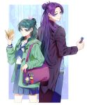  1boy 1girl ahdqkd_112 bag_charm black_suit blue_neckerchief book character_doll charm_(object) coat contemporary cropped_legs gradient_eyes green_coat green_hair hair_bun holding holding_phone hood hood_down jinshi_(kusuriya_no_hitorigoto) kusuriya_no_hitorigoto long_sleeves looking_back maomao_(kusuriya_no_hitorigoto) multicolored_eyes neckerchief open_book open_clothes open_coat pants phone purple_eyes purple_hair school_uniform serafuku skirt standing suit sweater 