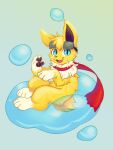 3:4 4_fingers 4_toes anthro black_nose blue_eyes bubble cute_fangs eeveelution eyewear eyewear_on_head feet fingers fur generation_1_pokemon goggles goggles_on_head head_tuft hi_res jolteon looking_at_viewer male neck_tuft nintendo open_mouth pawpads paws pokemon pokemon_(species) scarf shrike_alvaron simple_background sitting solo teeth toes tongue tuft unknown_artist white_body white_fur yellow_body yellow_fur