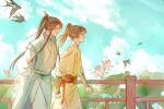  2boys arms_behind_back bird blue_sky blush braid brown_hair bud chinese_clothes clenched_hands closed_mouth cloud day facial_mark feet_out_of_frame fence flower forehead_mark from_side hair_ribbon hanfu headband high_ponytail jin_ling kkcoocool lan_sizhui long_hair long_sleeves looking_ahead looking_at_another modao_zushi multiple_boys nose_blush open_mouth red_ribbon ribbon robe rose side_braid sidelocks sky tassel walking white_flower white_headband white_rose wide_sleeves wooden_fence xiao_guan_(headdress) yellow_robe 