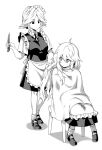  2girls apron bow braid fuantei greyscale hair_bow holding holding_hair izayoi_sakuya kirisame_marisa long_hair maid maid_headdress monochrome multiple_girls ribbon short_hair short_sleeves sitting skirt touhou twin_braids 