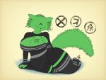 2023 4:3 ambiguous_gender anthro big_breasts breasts clothed clothing digital_media_(artwork) eyes_closed female fluffy fur genitals green_body green_fur hi_res looking_at_viewer mammal nexthargon pussy rain_world saint_(rain_world) simple_background slugcat_(rain_world) smile solo tail text topwear