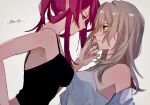  2girls bare_shoulders black_shirt from_side grey_hair hand_on_another&#039;s_cheek hand_on_another&#039;s_face hand_on_own_hip honkai:_star_rail honkai_(series) imminent_kiss kafka_(honkai:_star_rail) looking_at_another medium_hair multiple_girls off_shoulder playing_with_another&#039;s_hair ponytail profile purple_hair shino_(moi_0142) shirt sidelocks simple_background sleeveless sleeveless_shirt smile spaghetti_strap stelle_(honkai:_star_rail) trailblazer_(honkai:_star_rail) twitter_username white_background white_shirt wide-eyed yuri 