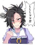  1girl air_shakur_(umamusume) anger_vein angry animal_ears black_hair bow bowtie clenched_hand eyebrow_piercing highres horse_ears horse_girl horseshoe_ornament long_hair looking_at_viewer missan_sun piercing puffy_short_sleeves puffy_sleeves purple_bow purple_bowtie purple_serafuku purple_shirt sailor_collar sailor_shirt school_uniform serafuku shirt short_sleeves simple_background solo tracen_school_uniform umamusume upper_body white_background yellow_eyes 