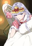  1girl absurdres aurora_sya_lis_kaymin bow grey_eyes grey_hair headband highres indoors long_hair looking_at_viewer maou-jou_de_oyasumi on_bed pajamas pillow polka_dot polka_dot_pajamas purple_eyes red_bow under_covers watami3316 yellow_headband 