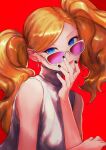  1girl absurdres blonde_hair blue_eyes earrings fingernails hand_on_own_chin highres jewelry long_fingernails long_hair nail_art nail_polish persona persona_5 pink-tinted_eyewear red_background sleeveless sleeveless_turtleneck smile solo sunglasses swept_bangs takamaki_anne tinted_eyewear turtleneck twintails upper_body yuu_(primenumber7) 