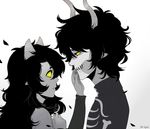  1girl black_hair fangs green_eyes grey_skin hand_on_another's_face homestuck horns jin-nyeh kurloz_makara long_hair looking_at_another makeup meulin_leijon pointy_ears purple_eyes sharp_teeth short_hair smile stitched_mouth stitches teeth troll_(homestuck) turtleneck yellow_sclera 