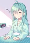  1girl absurdres ahoge alarm_clock blanket blue_hair blush clock closed_eyes commentary_request frown hatsune_miku highres kurobikari long_hair long_sleeves pajamas polka_dot polka_dot_pajamas solo under_covers vocaloid waking_up 