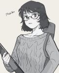  1girl character_name closed_mouth cropped_torso glasses greyscale greyscale_with_colored_background gun holding holding_gun holding_weapon hunting_rifle looking_at_viewer medium_hair monochrome moriko_ishii solo standing sweater weapon weapon_case world_of_horror xqxbi yellow_background 
