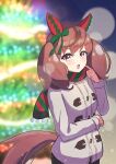  1girl alternate_costume animal_ears blurry blurry_background bow breasts christmas_tree coat commentary_request ear_bow ear_covers green_bow green_scarf harakomeshi highres horse_ears horse_girl horse_tail lens_flare long_sleeves looking_at_viewer medium_breasts medium_hair multicolored_hair nice_nature_(umamusume) open_mouth outdoors pom_pom_(clothes) red_hair red_scarf scarf smile solo streaked_hair striped striped_scarf tail twintails umamusume white_coat winter_clothes winter_coat 
