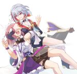  2girls asta_(honkai:_star_rail) bare_shoulders black_gloves black_shirt breasts cleavage cleavage_cutout clothing_cutout colored_inner_hair commentary detached_sleeves elbow_gloves feet_out_of_frame gloves grey_eyes grey_hair grin hair_ornament highres honkai:_star_rail honkai_(series) kaigaen medium_breasts multicolored_hair multiple_girls numby_(honkai:_star_rail) open_mouth pink_hair red_hair shirt short_sleeves sideboob simple_background sleeveless sleeveless_shirt smile thighs topaz_(honkai:_star_rail) wallet white_background white_shirt 