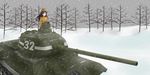  alternate_costume black_hair blue_eyes coat day garrison_cap girls_und_panzer gloves ground_vehicle hat highres long_hair military military_uniform military_vehicle motor_vehicle nonna outdoors seatollead snow snowing solo t-34 tank tree uniform 