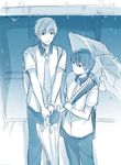  blush closed_umbrella free! funikurikurara male_focus monochrome multiple_boys nanase_haruka_(free!) necktie rain tachibana_makoto umbrella 