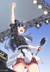  1girl :d absurdres akiyama_(yehonatan) alternate_hairstyle amplifier arm_up belt clenched_hand cowboy_shot from_below grey_eyes grey_hair highres holding holding_microphone_stand love_live! love_live!_nijigasaki_high_school_idol_club microphone_stand multicolored_clothes nail_polish plaid ponytail red_skirt signature skirt smile solo stage stage_lights striped striped_skirt teeth upper_teeth_only water_drop yuuki_setsuna_(love_live!) 