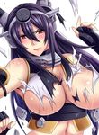  1girl armpits bare_shoulders black_hair blush breasts bursting_breasts damage damaged fingerless_gloves gloves hair_between_eyes hairband headgear kantai_collection large_breasts long_hair looking_at_viewer megane_man nagato_(kantai_collection) open_mouth red_eyes solo torn_clothes white_gloves 