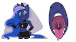 16:9 2023 anthro anthrofied blue_body blue_fur blue_hair bodily_fluids crotch_lines crown drooling equid equine female friendship_is_magic fur gaping_mouth hair hasbro headgear horn lecigzz mammal midriff mouth_shot my_little_pony open_mouth princess_luna_(mlp) saliva simple_background solo tiara tongue tongue_out unicorn uvula white_background widescreen
