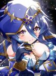  1girl bare_shoulders black_gloves blue_hair blue_hood blue_sleeves breasts claw_ring cleavage detached_sleeves drill_hair drill_sidelocks genshin_impact gloves gold_choker hair_between_eyes highres hood hood_up jewelry layla_(genshin_impact) long_hair long_sleeves looking_at_viewer medium_breasts neck_ring om_rm1101 pointy_ears puffy_sleeves sidelocks solo upper_body very_long_hair yellow_eyes 