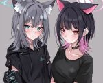  2girls alternate_costume animal_ear_fluff animal_ears black_choker black_hair black_shirt black_sweater blue_archive blue_eyes blush breasts cat_ears choker closed_mouth clothing_cutout colored_inner_hair cross_hair_ornament drawstring ear_piercing extra_ears grey_hair hair_ornament halo hood hooded_sweater kazusa_(blue_archive) long_sleeves looking_at_viewer marisasu_(marisa0904) medium_breasts medium_hair multicolored_hair multiple_girls piercing pink_hair pink_halo red_eyes shiroko_(blue_archive) shirt short_sleeves sidelocks simple_background sweater upper_body white_background wolf_ears 