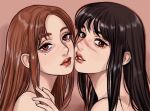  bags_under_eyes black_hair brown_eyes brown_hair closed_mouth highres ieiri_shoko imeko_san imminent_kiss iori_utahime jujutsu_kaisen long_hair mole mole_under_eye open_mouth scar scar_on_face scar_on_nose simple_background smile yuri 