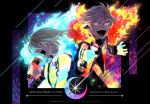  2boys :d backlighting black_jacket blonde_hair blue_fire blue_hair commentary_request fire gloves glowing glowing_clothes glowing_eyes hair_between_eyes hand_up holding holding_microphone idol_land_pripara jacket long_hair long_sleeves looking_at_viewer male_focus microphone multicolored_hair multiple_boys music ooedo_shinya open_mouth oshiri_(o4ritarou) pink_hair pretty_series pripara profile short_hair singing smile sparkle streaked_hair upper_body ushimitsu_(pripara) v-shaped_eyebrows white_hair 