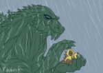 clothing coat dinosaur duo feral godzilla godzilla_(series) hi_res holding_another kaiju male monsterverse muscular open_mouth raincoat raining reptile ruubeszdraws scales scalie shielding simple_background size_difference spikes spikes_(anatomy) spines toho topwear wet