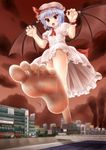  aonagi_ibane barefoot bat_wings blue_hair city dirty_feet fang feet giantess hat highres open_mouth red_eyes remilia_scarlet short_hair soles solo toes touhou wings 