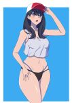  1girl :o absurdres baseball_cap bikini bikini_bottom_only black_hair blush border breasts cleavage cowboy_shot grey_eyes gridman_universe hand_on_headwear hat highres large_breasts long_hair navel solo ssss.gridman stomach sungose swimsuit takarada_rikka tank_top thighs white_border white_tank_top wide_hips 