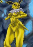 absurd_res anthro black_eyes breast_grab breast_play breasts cave eeveelution electricity female fur gauox generation_1_pokemon genitals hand_on_breast hi_res jolteon looking_at_viewer medium_breasts nintendo nipples one_eye_closed pinup pokemon pokemon_(species) pose pussy solo white_body white_fur wink yellow_body