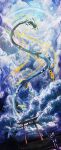  1girl absurdres arch claws cloud commentary_request dragon eastern_dragon fence glowing highres holding looking_up mega_pokemon mega_rayquaza miyagawa_(maxggguys) outdoors pokemon pokemon_(creature) rain rainbow rayquaza sign standing 
