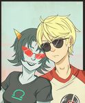  1girl black_hair blonde_hair dave_strider fangs glasses grey_skin head_rest homestuck horns jin-nyeh libra one_eye_closed raglan_sleeves red-tinted_eyewear red_eyes red_sclera sharp_teeth short_hair smile sunglasses teeth terezi_pyrope troll_(homestuck) 