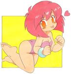  :p bare_shoulders barefoot blush_stickers border bracelet breasts cleavage clenched_hands feet full_body heart jewelry leotard orange_eyes outside_border oyatsu_(mk2) pink_hair pink_leotard quinty quinty_(character) simple_background small_breasts soles solo toes tongue tongue_out yellow_background 