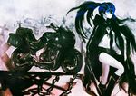  asymmetrical_hair belt bikini_top black_rock_shooter black_rock_shooter_(character) blue_eyes boots burning_eye chain ground_vehicle highres kawasaki knee_boots long_hair motor_vehicle motorcycle scar short_shorts shorts solo sword thighs thrux traditional_media watercolor_(medium) weapon 