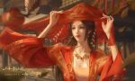  1girl absurdres bird brown_hair building chinese_clothes earrings falling_petals flower_ornament highres jewelry lantern long_hair long_sleeves necklace petals qing_yi_(wanmei_shijie) second-party_source solo tiara upper_body veil wanmei_shijie weiwu_da_tuzi_doris 