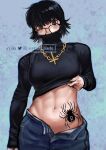  1girl abs ayaki_d black_hair breasts brown_eyes chain clothes_lift commentary contrapposto covered_mouth glasses gold_chain highres hip_tattoo hunter_x_hunter medium_breasts medium_hair navel open_fly shizuku_murasaki sleeves_past_wrists solo sweater sweater_lift turtleneck turtleneck_sweater twitter_username upper_body watermark 