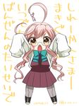  2014 ahoge blush_stickers chestnut_mouth chibi dated glasses kantai_collection koruri long_hair looking_at_viewer makigumo_(kantai_collection) open_mouth pantyhose pink_hair ribbon sleeves_past_fingers sleeves_past_wrists solo translated twitter_username yellow_eyes 