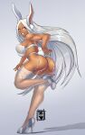 animal_humanoid barely_visible_genitalia barely_visible_pussy breasts brown_body brown_skin butt clothing female footwear genitals hair hi_res high_heels humanoid inner_ear_fluff lagomorph lagomorph_humanoid legwear lingerie long_hair looking_at_viewer mammal mammal_humanoid my_hero_academia nudiedoodles pussy red_eyes rumi_usagiyama signature simple_background smile solo tuft white_hair