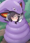  1girl absurdres arbok black_eyes black_hair blush closed_eyes constriction crossover emphasis_lines forked_tongue grass grey_hair highres kantai_collection multicolored_hair outdoors pokemon pokemon_(creature) saliva short_hair_with_long_locks sweat tears tokitsukaze_(kancolle) tongue x_noki9 