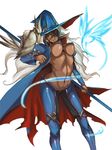  animal animal_on_arm bikini_top bird_on_arm blue_pants breasts coat covered_nipples dark_skin eyepatch genderswap genderswap_(mtf) green_eyes groin hat highres holding holding_weapon large_breasts long_hair long_sleeves midriff myk_(cccmccc) navel odin_(p&amp;d) pants polearm popped_collar puzzle_&amp;_dragons simple_background solo torn_coat underboob weapon white_background white_hair 