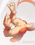 anal anthro anus artist_logo artist_name backsack balls blue_horn bodily_fluids claws fingers genitals hi_res horn leg_bracelet logo male multicolored_body ninety_xc orange_body orange_tail simple_background solo tail two_tone_body two_tone_tail upside_down white_background white_body white_claws white_tail