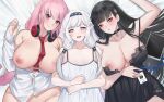  3girls absurdres black_nightgown blue_archive eimi_(blue_archive) from_above girl_sandwich highres himari_(blue_archive) milephunter multiple_girls negligee nightgown open_clothes rio_(blue_archive) sandwiched unbuttoned 
