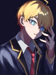  1boy absurdres ahoge blonde_hair blue_background blue_eyes blue_jacket collared_shirt commentary hair_between_eyes hand_up highres hoshino_aquamarine jacket long_sleeves looking_at_viewer male_focus mismatched_pupils necktie no_pupils oshi_no_ko parted_lips red_necktie school_uniform shirt short_hair simple_background solo star-shaped_pupils star_(symbol) symbol-shaped_pupils tsukuno_tsuki upper_body white_shirt youtou_high_school_uniform 