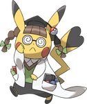  adjusting_eyewear alternate_hairstyle bespectacled braid clothed_pokemon coke-bottle_glasses cosplay cosplay_pikachu full_body gen_1_pokemon glasses hat highres labcoat mortarboard no_humans oomura_yuusuke pikachu pokemon pokemon_(creature) rare_candy transparent_background twin_braids 