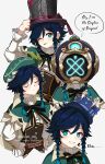  3boys absurdres aqua_eyes black_hair blue_hair braid closed_eyes closed_mouth cosplay diving_mask flower freminet_(genshin_impact) freminet_(genshin_impact)_(cosplay) furina_(genshin_impact) furina_(genshin_impact)_(cosplay) genshin_impact goggles gradient_hair hat highres jewelry lkari_shi long_sleeves lyney_(genshin_impact) lyney_(genshin_impact)_(cosplay) male_focus multicolored_hair multiple_boys one_eye_closed smile teeth tongue tongue_out top_hat twin_braids venti_(genshin_impact) 