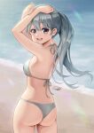  1girl ass back beach bikini breasts commission daydreamer_pk grey_bikini grey_eyes grey_hair highres medium_breasts ocean open_mouth original ponytail solo swimsuit teeth tongue upper_teeth_only 