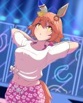  +_+ 1girl alternate_hair_length alternate_hairstyle animal_ears arms_up blush bow breasts chestnut_mouth clover_hair_ornament commentary_request cowboy_shot daruma_doll ear_covers flipped_hair floral_print four-leaf_clover_hair_ornament gaze_on_me!_outfit_(umamusume) gyonikuyasai hair_between_eyes hair_bow hair_ornament horse_ears long_hair matikanefukukitaru_(umamusume) medium_breasts midriff navel open_mouth orange_eyes orange_hair pink_shorts plump scrunchie shirt shorts single_ear_cover solo_focus stage standing teeth textless_version tied_shirt umamusume upper_teeth_only v-shaped_eyebrows wrist_scrunchie 